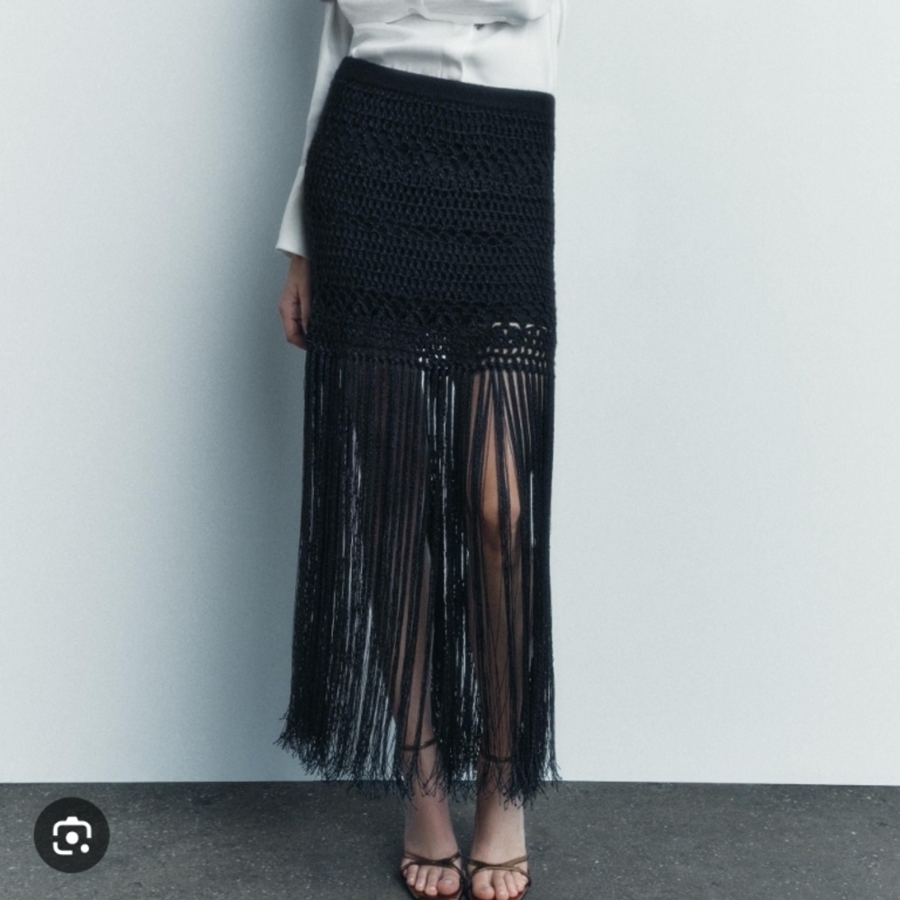 Zara Crochet Knit Fringe Black Skirt - Picture 2 of 5